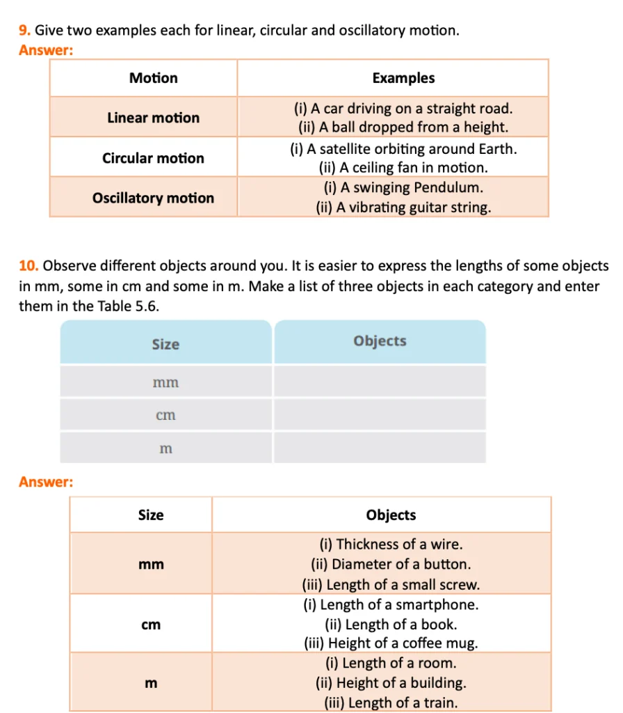 class 6 science chapter 5 question 9, 10