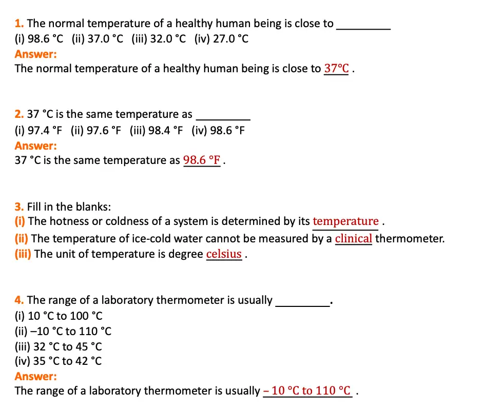 class 6 science curiosity chapter 7 temperature and its measurements question 1, 2, 3, 4