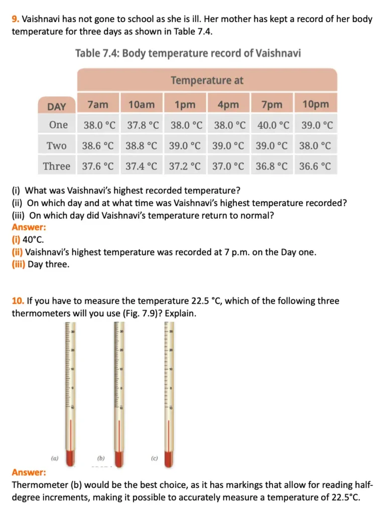 class 6 science curiosity chapter 7 temperature and its measurements question 9, 10