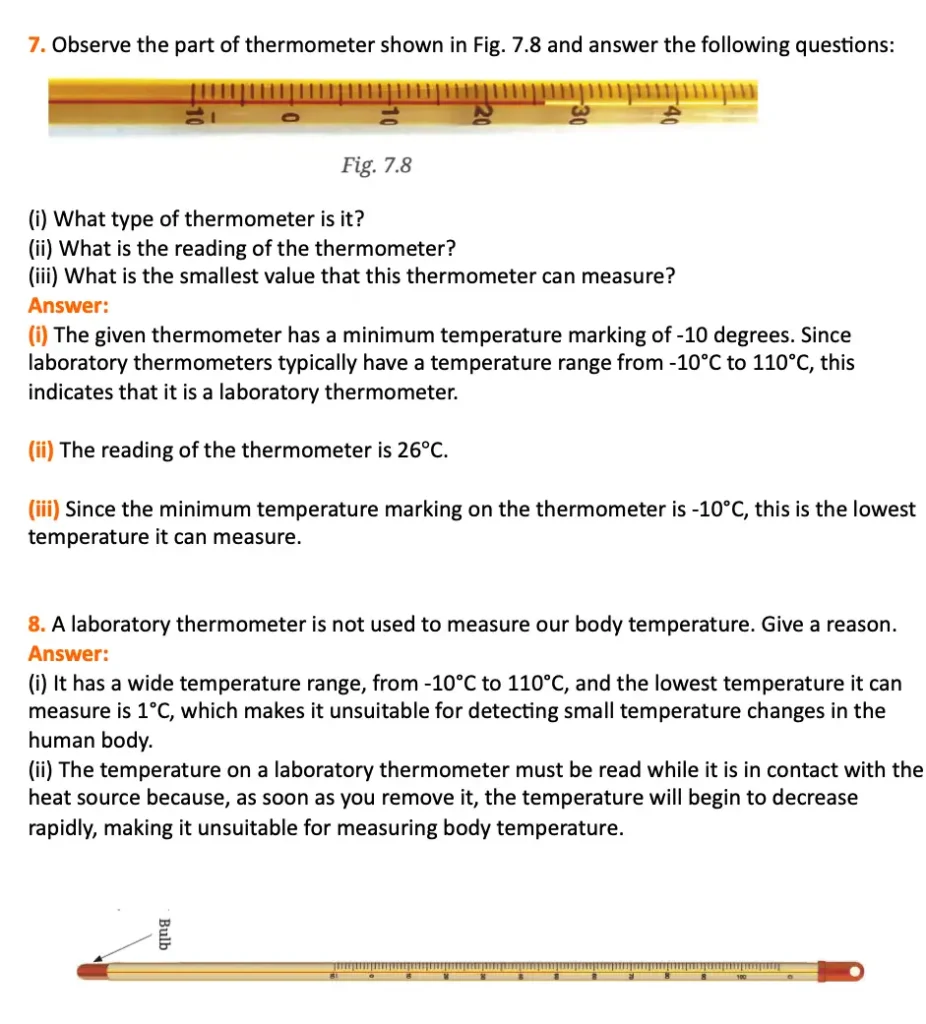 class 6 science curiosity chapter 7 temperature and its measurements question 7, 8